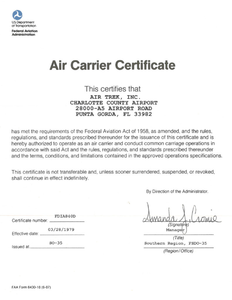 FAA Air Carrier Certificate